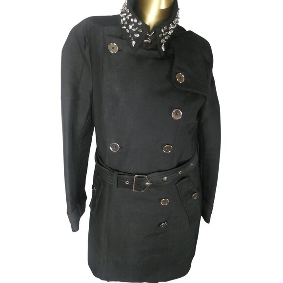 Sam Edelman Women's Black Gothic Studded Neck Trench Coat Size M - Picture 1 of 10